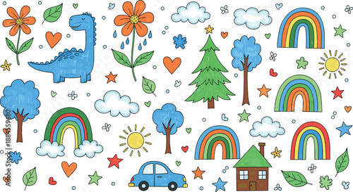 Cute kids doodle pattern with dinosaur rainbows trees clouds flowers hearts and playful nature elements for nursery decor and flat vector backgrounds