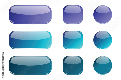 Glossy ui buttons collection: blue and purple rectangular and circular icons Vector