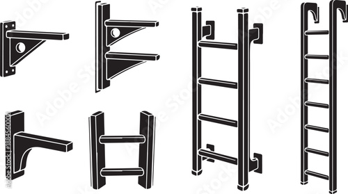 Various types of metal wall mounted folding ladders displayed