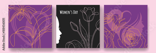 Women's day greeting cards with purple and gold floral designs on pink background