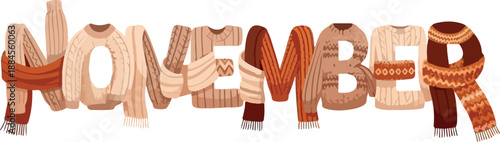 November Text Illustration Cozy Warmth of Autumn Season in Knitted Letters with Scarf