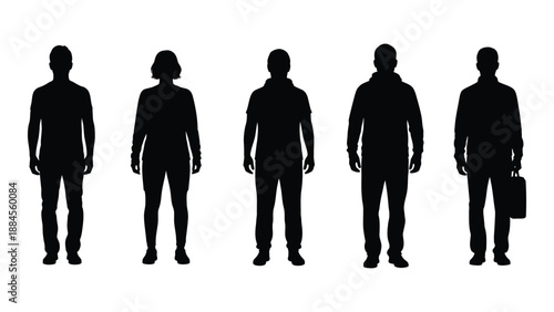 Silhouettes of five individuals isolated on white background, Vector