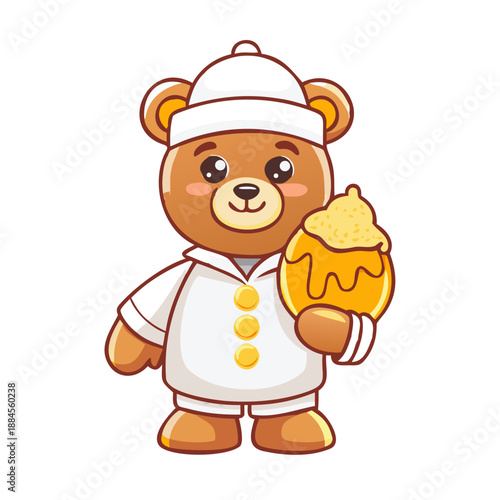 A friendly brown bear wearing a white beekeeper suit and hat, holding a honeycomb dripping with golden honey.