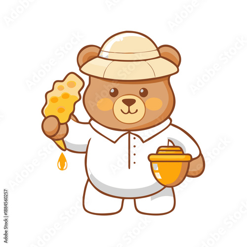 A friendly brown bear wearing a white beekeeper suit and hat, holding a honeycomb dripping with golden honey.