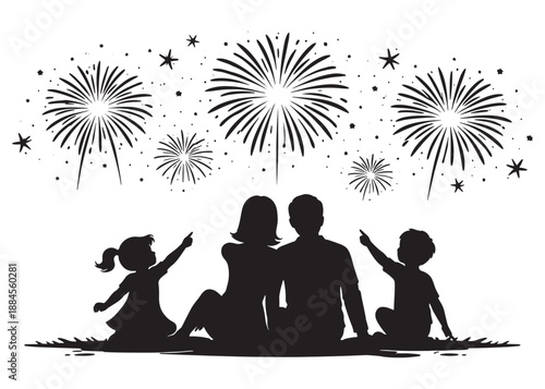 Family Fireworks Celebration Silhouette Night Sky Illustration