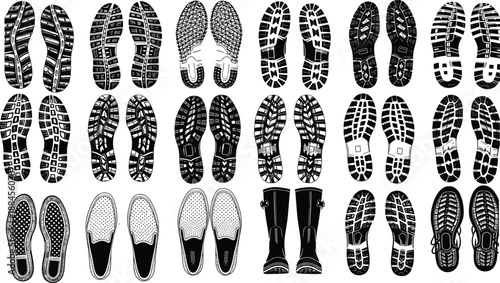 Set of various black shoe print silhouettes, human footprint trail icons, dirty boot sole marks, sneakers and footwear tread patterns, isolated vector illustration elements.
