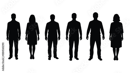 Silhouettes of six people isolated on white background, Vector