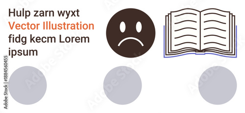 Education, emotions, learning materials, expressions, communication, academic concepts. Sad face icon next to an open book and placeholder text. Emotions and education concept