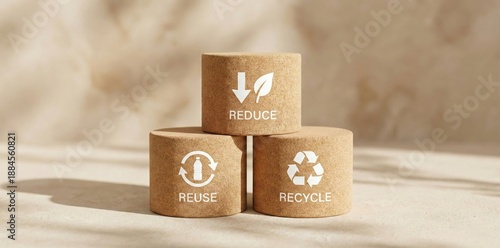 Eco-Conscious Choices: The image showcases three eco-friendly pillars, each emblazoned with iconic symbols. Representing the core principles of environmental responsibility: reduce, reuse.