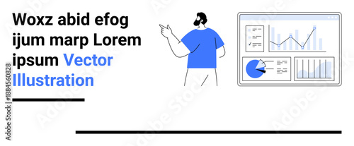 Male presenter pointing to analytics dashboard displaying graphs, charts, and data insights. Ideal for business analysis, statistics, marketing, finance, teaching, presentations simple landing page