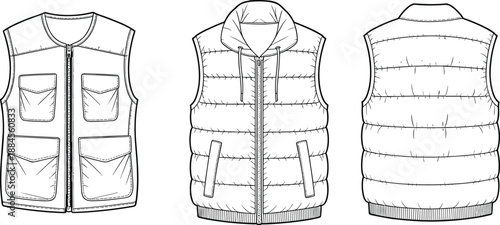 Men vest technical illustration set, sleeveless jacket front back views, fashion apparel design vector outline isolated clothing template winter puffer