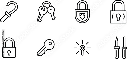 Security icons set, lock key hook tools symbols, safety protection access control cybersecurity vector outline black white isolated design