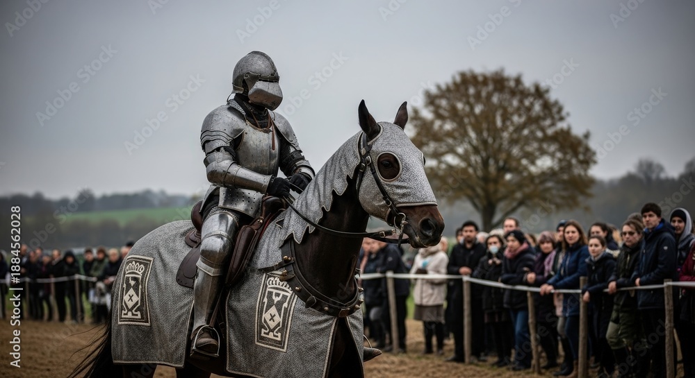 Naklejka premium Knight man in full armor on horseback during a medieval reenactment. Historical event show with chevalier and his horse for festival