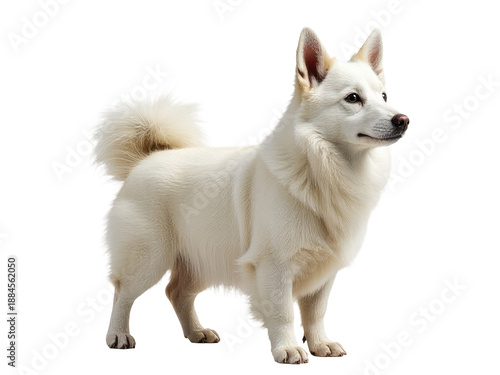A purebred white dog sitting on a plain white surface, ideal for animal-themed projects or as a placeholder image