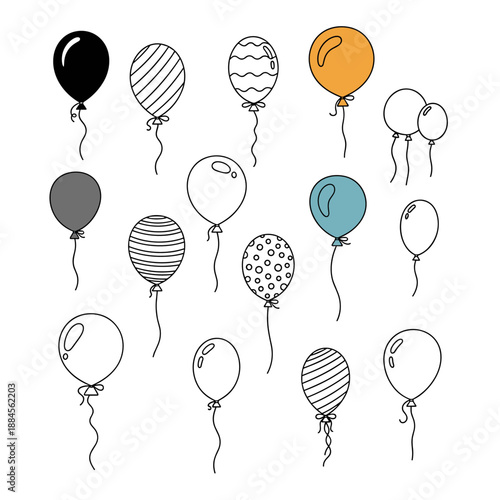Diverse collection of balloon illustrations in various colors, patterns, and sizes including both outlined and solid filled versions.