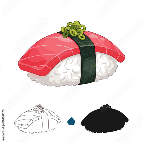 Tuna nigiri sushi topped with sliced green onions shown in a detailed color illustration, a simple outline, and a dark silhouette.