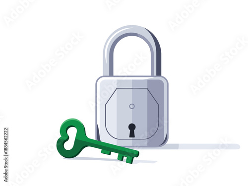 A vector graphic illustration of a silver padlock with a green key in front of it on a white background