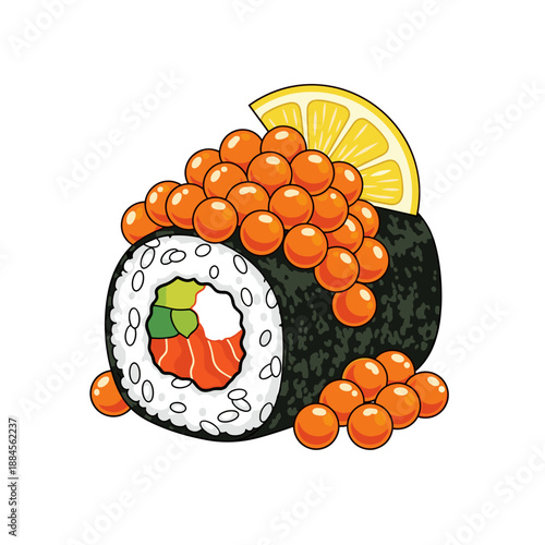 Gourmet sushi roll overflowing with bright orange salmon roe and garnished with a fresh lemon slice for Japanese cuisine themes.