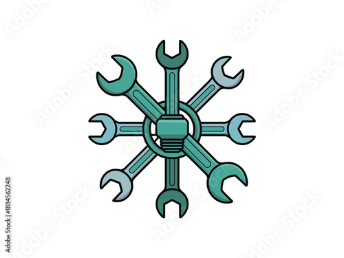 A vector graphic illustration of a stylized snowflake made from wrenches and a bolt