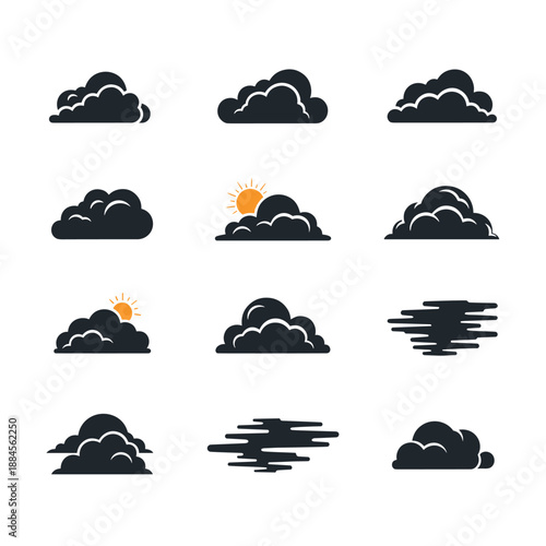 Set of weather icons representing different types of clouds, sunny intervals, and fog or mist using simple black and yellow shapes.