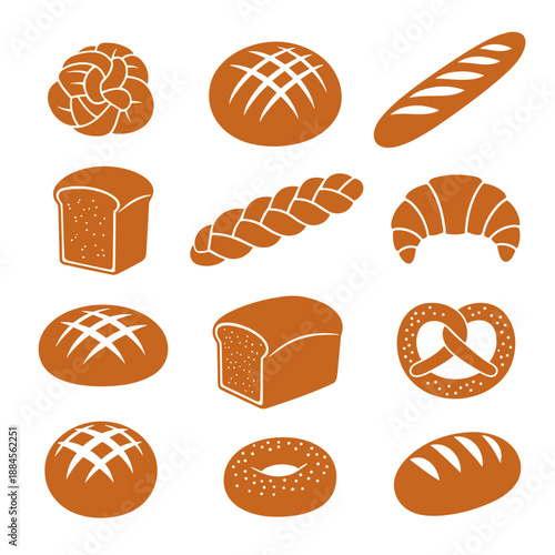 Collection of solid brown silhouettes representing various types of bread, pastries, and baked goods for bakery and food themes.