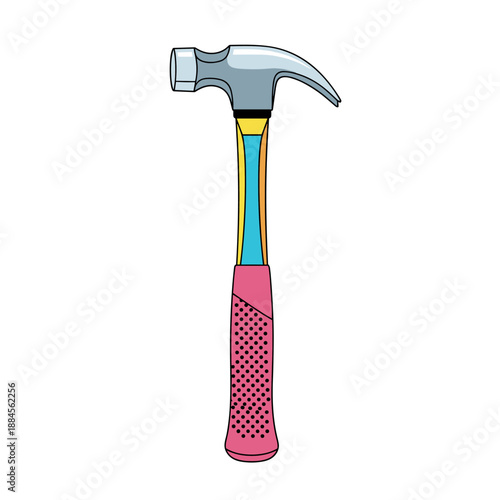 Modern claw hammer tool with a sleek metal head and a vibrant handle featuring pink, blue, and yellow colors for DIY projects.