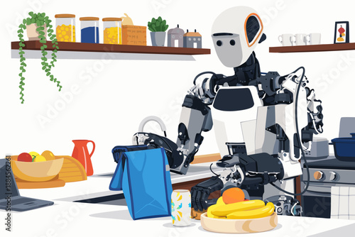 Domestic robot assistant helping in a modern kitchen with food and grocery bags.