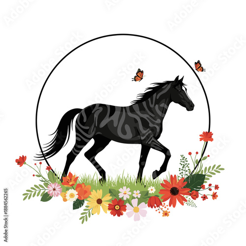 Artistic illustration of a black horse with swirling patterns inside a circular frame decorated with colorful flowers and butterflies.