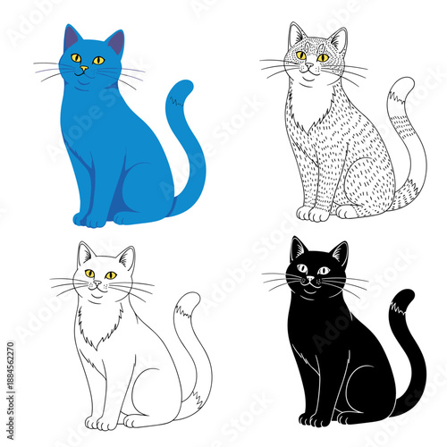 Set of cat illustrations shown in different artistic styles including a vibrant blue cat, a detailed line drawing, and a silhouette.
