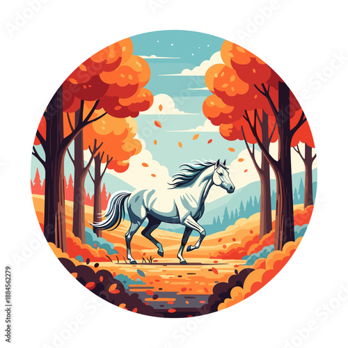 Beautiful illustration of a white horse running through a vibrant autumnal forest with falling leaves inside a circular frame.