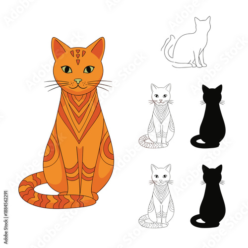 Orange tabby cat illustration shown in a decorative style with various small outline and silhouette versions for pet themed designs.