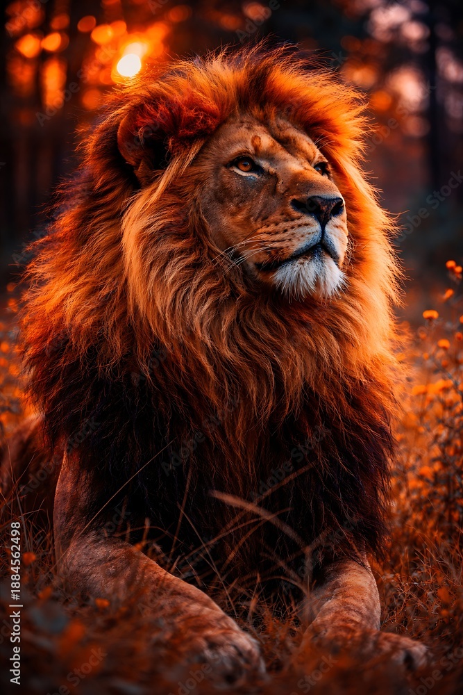 Naklejka premium High-quality artistic lion portrait with warm dramatic lighting, realistic mane detail and natural forest background, perfect for wildlife and power themes.