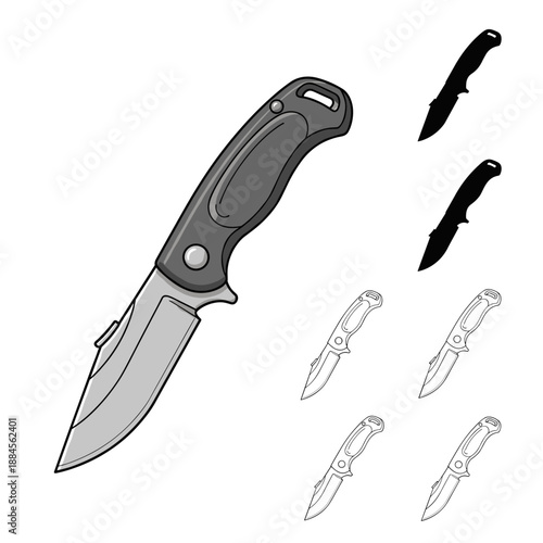 Folding pocket knife set including a detailed color illustration, solid black silhouettes, and various line art outlines for outdoor gear.