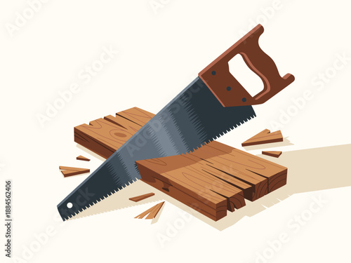 A vector graphic illustration of a handsaw cutting through a wooden plank with scattered wood pieces around it