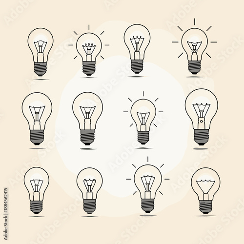 Series of incandescent light bulb icons showing various designs and states of illumination for conceptual ideas and symbols.