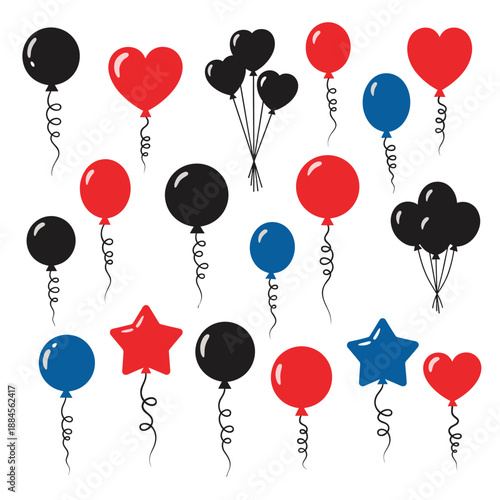 Large variety of colorful balloons in heart, star, and round shapes with strings are illustrated on a plain white background.