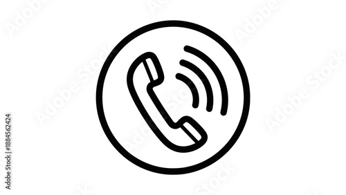 A simple black and white line art icon representing a telephone handset with sound waves emanating from it, enclosed within a circle.