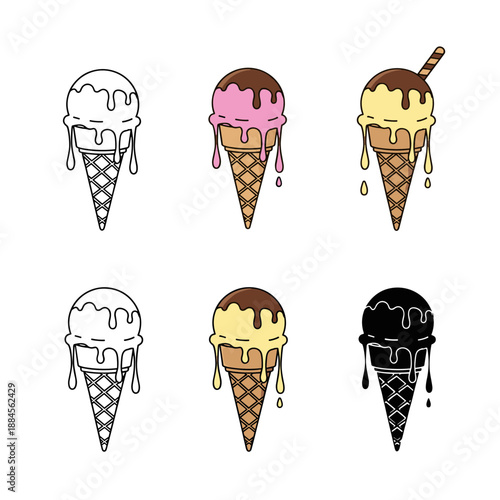Assortment of ice cream cones in various flavors and artistic styles including color, outline, and silhouette versions for summer themes.