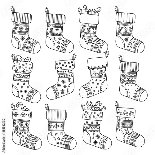 Set of festive christmas stockings featuring various decorative patterns and holiday designs shown as black and white line art.