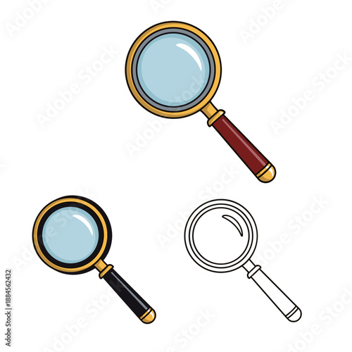 Group of magnifying glasses with different colored handles is shown in realistic vector style alongside a simple line art version.