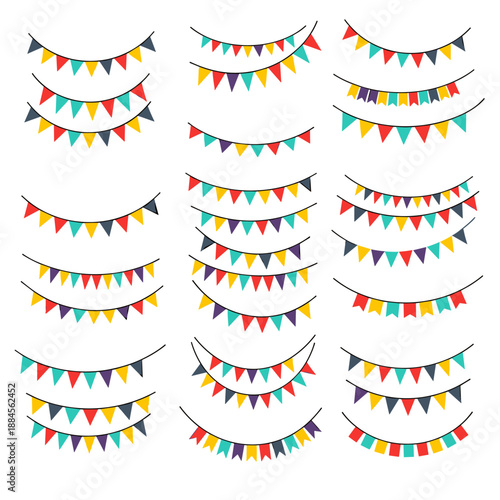 Extensive collection of colorful party bunting banners and festive pennants in various shapes and patterns for celebration decorations.