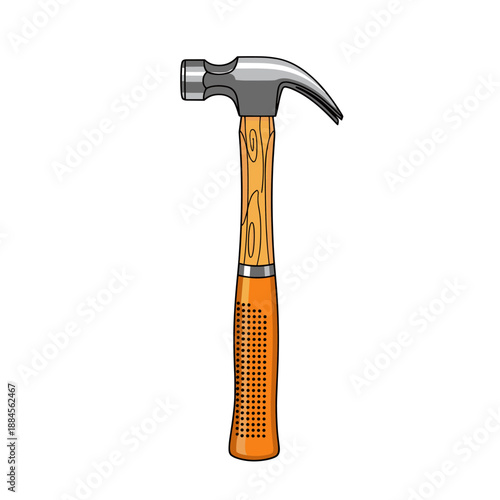 Classic claw hammer with a light colored wooden handle and a textured orange grip shown in a clean vector illustration style.