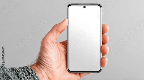 Smartphone held by a person in a neutral background during the day, ready for use in various applications such as communication or social media sharing