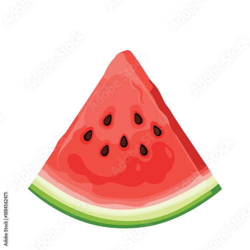 Refreshing slice of ripe red watermelon with black seeds and a green rind isolated on a plain white background for summer concepts.