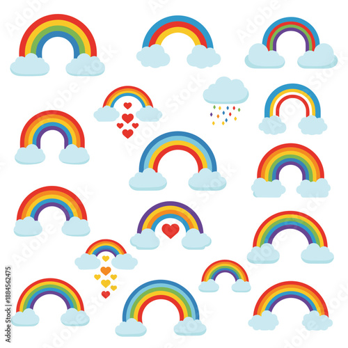 Set of colorful rainbow illustrations in different styles with clouds, falling hearts, and rain for children and sky themed designs.