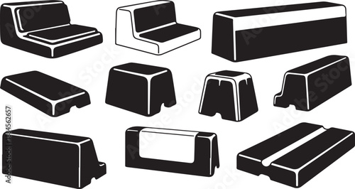 Collection of various black and white bench illustrations