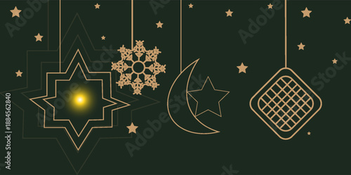 Ramadan Kareem design on green Islamic background with gold ornament star, moon, mosque, lanterns and islamic elements. Suitable for raya and ramadan template concept.
