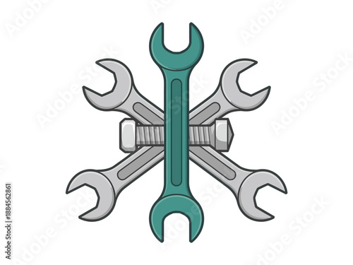 A vector graphic illustration of crossed wrenches and a bolt in a flat, minimal design style