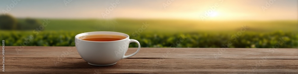 Fototapeta premium Morning sunrise over a tea field with a steaming cup on wooden table