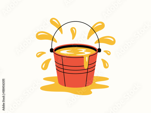 A vibrant illustration of a red bucket overflowing with yellow liquid in a modern flat design style